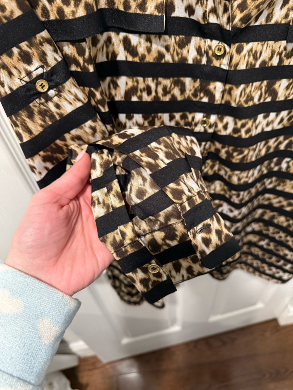 Calvin Klein Black and Tan Striped Leopard Print Button-Up Blouse - Picture 4 of 5